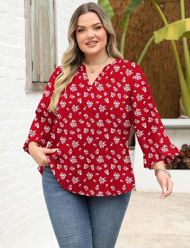 AKEWEI Womens Plus Size 3/4 Sleeve Tops V Neck Summer Work Shirts Loose Fit Tunic Dressy Casual Chiffon Blouse XL-5X in Saudi Arabia