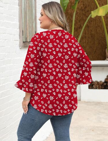 AKEWEI Womens Plus Size 3/4 Sleeve Tops V Neck Summer Work Shirts Loose Fit Tunic Dressy Casual Chiffon Blouse XL-5X in Saudi Arabia