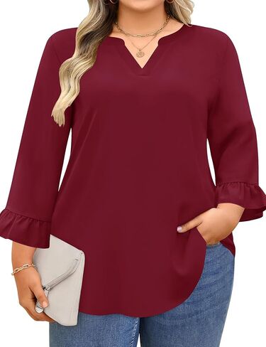 AKEWEI Womens Plus Size 3/4 Sleeve Tops V Neck Summer Work Shirts Loose Fit Tunic Dressy Casual Chiffon Blouse XL-5X in Saudi Arabia