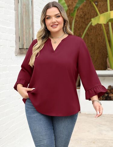 AKEWEI Womens Plus Size 3/4 Sleeve Tops V Neck Summer Work Shirts Loose Fit Tunic Dressy Casual Chiffon Blouse XL-5X in Saudi Arabia