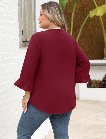 AKEWEI Womens Plus Size 3/4 Sleeve Tops V Neck Summer Work Shirts Loose Fit Tunic Dressy Casual Chiffon Blouse XL-5X in Saudi Arabia