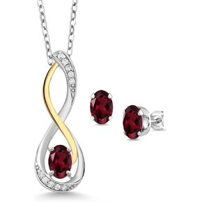 Gem Stone King 925 Sterling Silver and 10K Yellow Gold Red Rhodolite Garnet and White E-F Lab Grown Diamond Infinity Pendant and Earrings Jewelry Set For Women (1.57 Cttw, with 18 Inch Chain)