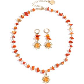 Coiris Boho Sun Jewelry Set for Women Bohemian Healing Nature Crystal Stone Sun Choker Necklace Dangle Drop Earrings Hippie Cool Summer Beach Sun Jewelry Set for Women