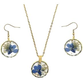 Vibrant and Unique Floral Resin Necklace Earrings Set, Women Handmade Gold Pressed Flower Necklace Earrings for Parties or Gifting