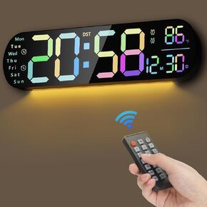Digital Wall Clock Large Display,14'' Big LED Digital Clock with Remote,9 RGB Color Night Light,Date Week,Temperature,DST,Alarm,Timer, Auto Dimmable,for Living Room Bedroom Office Elderly Home Decor