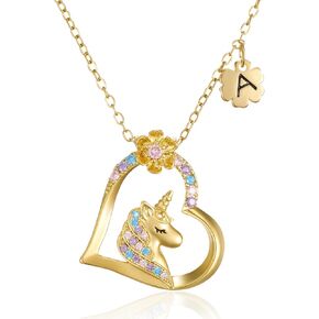 SWEETV Hypoallergenic Unicorn Necklace for Girls - 18K Gold Plated Cubic Zirconia Initial Heart Pendant, Unicorn Jewelry Gifts for Birthday/Christmas in Kuwait