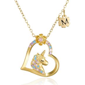 SWEETV Hypoallergenic Unicorn Necklace for Girls - 18K Gold Plated Cubic Zirconia Initial Heart Pendant, Unicorn Jewelry Gifts for Birthday/Christmas