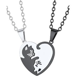 FaithHeart Cat Matching Puzzle Necklace for Couples Bff Heart Pendant with 22inch Black Braided Leather Chain Friendship 2 Cat Matching Necklaces with Gift Box