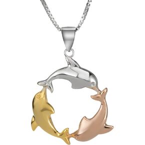 925 Sterling Silver 14K Gold Plated Three Dolphin Circle of Life Necklace Pendant with 18" Box Chain, Nickel Free Hypoallergenic for Sensitive Skin, Tropical Island Hawaii Jewelry for Mom Daughter, Gift Box Included