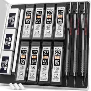 مجموعة أقلام رصاص ميكانيكية معدنية Nicpro 0.5 و0.7 و0.9 مم مع حافظة، 6 قطع MP1000 قلم رصاص للفنانين مع 12 أنبوبًا HB و2B عبوات الرصاص، 3 ممحاة للكتابة الفنية للمهندس المعماري، وصياغة الرسم