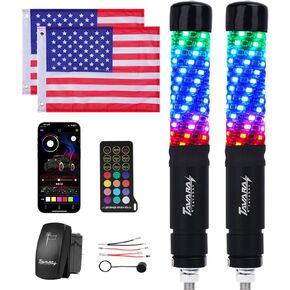 2 PCS 3FT Whip Lights with Remote & App Control, LED Whip Lights with Brake Steering Reversing Light Fat Spiral RGB Chasing Lighted Whips for UTV ATV RZR Can-am 4X4 Trucks Polaris Dune Buggy