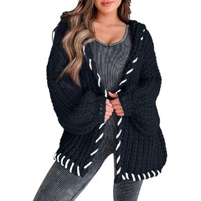 Womens 2024 Hooded Cardigan Sweaters Chunky Knit Stitch Edged Batwing Sleeve Fall Winter Loose Outerwear Coats