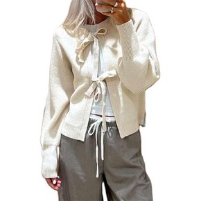 Y2k Girls Tie Front Knitwear Cardigan Top Women Long Sleeve Open Front Knitted Crop Cardigan Sweater Streetwear