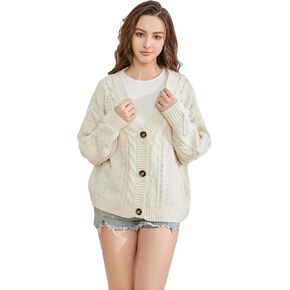 Women's Knit Cardigan Long Sleeve V Neck Sweatshirt Knitted Print Button Down Knitwear Outerwear Off-White