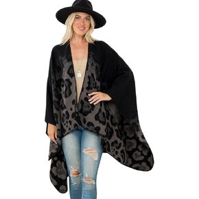 RIAH FASHION Bohemian Versatile Open Shawl Cardigan - Kimono Convertible Blanket (Warm Kimono Poncho - Gradiant Leopard Black)