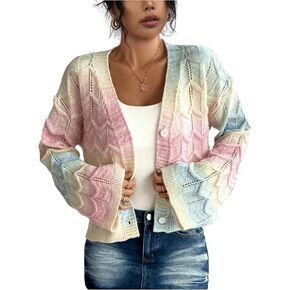 MakeMeChic Women's Colorful V Neck Cardigan Sweater Long Sleeve Knit Cardigans Outerwear