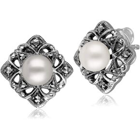 Gemondo USA Pearl & Marcasite Floral Button Earrings
