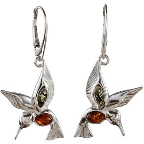 GIA Certified Sterling Silver and Baltic Amber French Leverback Earrings Hummingbirds