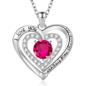 Always and Forever Double Heart Necklace for Women, I Love You Necklace with Cubic Zirconia, Birthstone Available, Romantic Jewelry Gift for Wife, Mom, Daughter, Girlfriend, Perfect for Mother's Day, Anniversary, Birthday, Valentine's Day