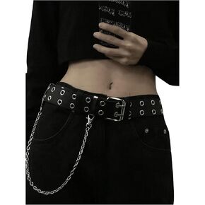 Verdusa Men's Punk Square Buckle Eyelet Belts Leather Waist Belt with Chain