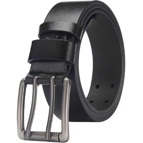 Men PU Leather Belt Formal Casual Jeans Work Double Grommet Holes Belt with Double Prong Buckle