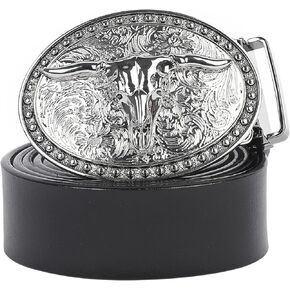 Western Belt Cowboy Belts for Men Women, Western Leather Belts Bull Buckle Belt for Jeans, Buckle Removable Plaque