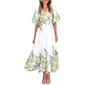 Women's Boho Floral Print Midi Dress Short Sleeve Summer Long Dress