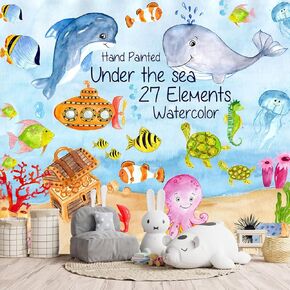 Hand Painted Undersea World Mural Wallpaper Dolphin Sea Turtles Octopus Jellyfish for Kids Bedroom Nursery Room Living Room (Not Peel n' Stick