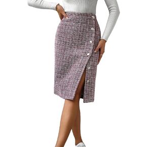 WDIRARA Women's Plaid Tweed High Waisted Button Side Slit Knee Length Wrap Skirt