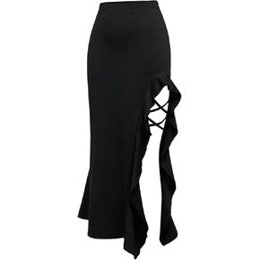 WDIRARA Women's Ruffle Hem Side Split Crisscross Midi Skirt High Waisted Goth Skirts