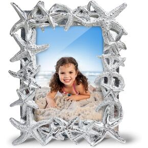 5x7 Picture Frame Silver Starfish Textured Hand Painted Resin Beach Photo Frame Christmas Decorations Picture Frame for Tabletop or Wall Hanging Display Beach Art Photo Frame and Christmas Gift Idea