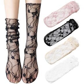 4 Pairs Women's Lace Socks Girl's Sheer Slouch Socks Mesh Socks Novelty Decorated Socks Nylon Socks Loose Ankle High