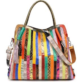 YALUXE Tote Bags for Women Genuine Leather Large Colorful Handbag Purse Shoulder Bag Multicolored Patchwork