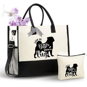 InnoBeta Pug Gifts Canvas Tote Bag for Women, Important Pug Mom Stuff Bag with Top Zipper Closure and Shoulder Strap, Pug Lover Gifts for Birthday, Thanksgiving, Christmas