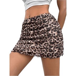 MakeMeChic Women's Leopard Print Mini Skirts Lettuce Trim Ruched Cheetah Short Skirts