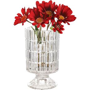 VanEnjoy Pedestal Base Glass Vase Wide Mouth vases for Flowers, Embossed Flower Vase Decorative for Home Office Wedding Holiday Party - 9 inches Stripe