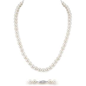 قلادة اللؤلؤ الحقيقي من The Pearl Source AAA+ عالية الجودة لآلئ المياه العذبة البيضاء المستزرعة الأصلية | 14 قيراط مطلية بالذهب ومشبك من الفضة الإسترليني هدايا اللؤلؤ لعيد الميلاد والعطلات والذكرى السنوية