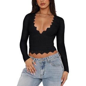 REORIA Womens Sexy V-Neck Long Sleeve Shirts Double Lined Slim Fitted Trendy Lace Y2K Going Out Crop Top