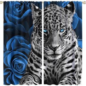 Leopard Blue Rose Curtains,Black and White Romantic Floral Wildlife Wild Animal Blackout Rod Pocket Window Drapes for Living Room Bedroom Kitchen Bathroom Home Decor W42xL45in