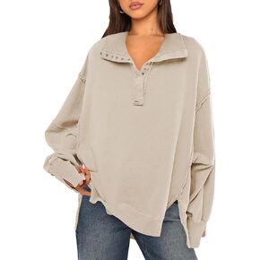 DJT Women's Trendy Sweatshirt Casual Long Sleeve Loose Fit Raw Seam High Low Hem Streetwear Polo Shirt Tops