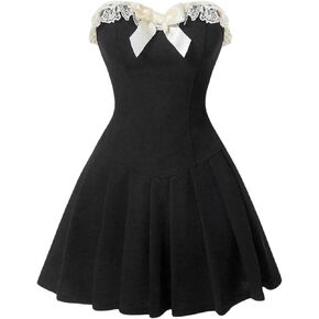 Women's Bow Front Strapless Sleeveless Party Bandeau Dress Lace Trim High Waist Pleated A Line Dresses