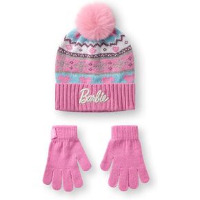 Barbie Girls Pink Fair Isle Beanie and Gloves Set - One Size | Winter Knit Accessories for Kids Fair Isle Design