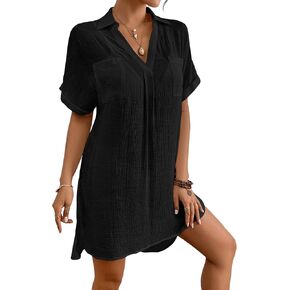 Bsubseach Swimsuit Coverup for Women V Neck Beach Cover Ups Bathing Suit Cover Up Summer Cotton Swimwear with Pockets