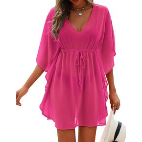 AI'MAGE Womens Beach Swimsuit Coverup Sexy Sheer Bathing Suit Cover Up Dress Swimwear Tie Waist Chiffon Beachwear