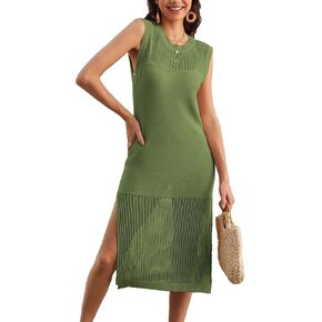 Women's Swimsuit Cover up Crochet Knit Dresses Long Sleeveless Crewneck Swimwear Dress Side Split Beach midi Dress