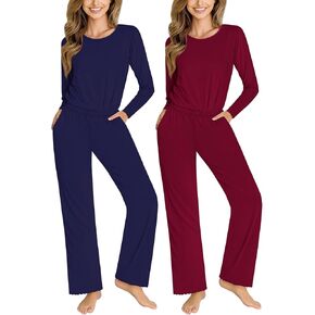 Neer 2 Pack Women's Long Sleeve Pajama Set, Soft Sleepwear Loungewear Two Piece Pjs Sets with Pockets Lettuce Hem