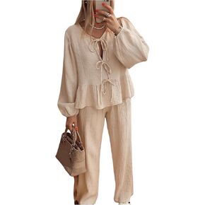 MakeMeChic Women's Two Piece Pajama Set V Neck Tie Front Lantern Sleeve Peplum Top and Pants Sets Comfy Loungewear