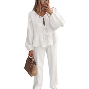 MakeMeChic Women's Two Piece Pajama Set V Neck Tie Front Lantern Sleeve Peplum Top and Pants Sets Comfy Loungewear