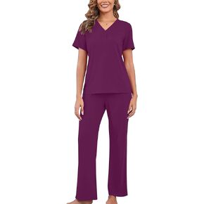 KORSIS Women's Pajamas Set 2 Piece Lounge Soft Sets V-neck Comfy Sleepwear Short Sleeve Top Long Pants with Pockets