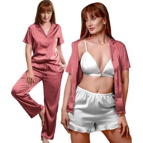 Women's 4-Piece Silk Satin Pajama Set – Stretchy Short-Sleeve Button-Down Top, Comfy Pants, Adjustable Bra & Shorts